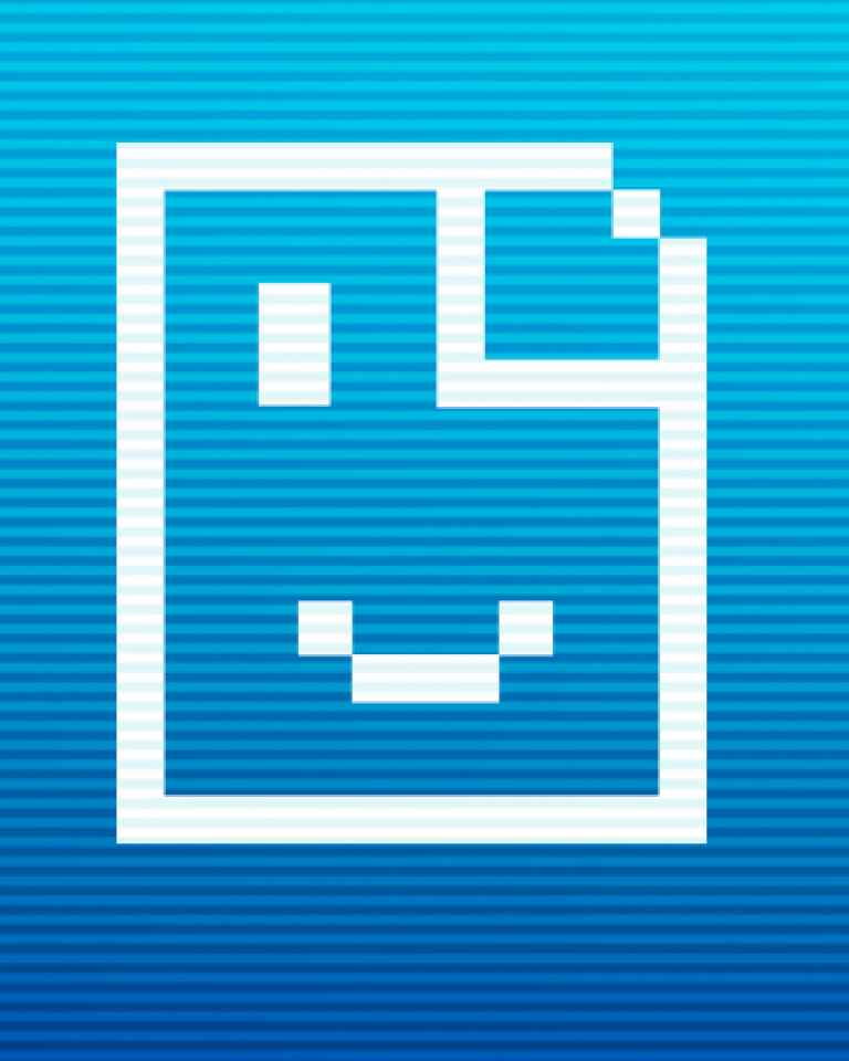 a blue striped background with a rectangle with a smiley face on it on the left hand side