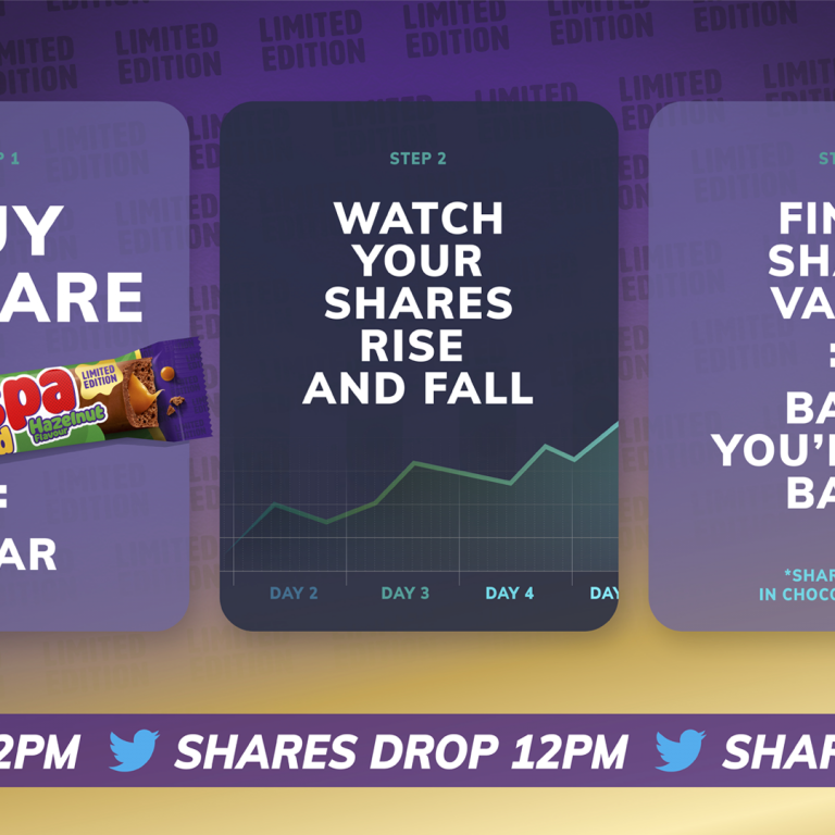 Wispa Gold Visual showing three cards advertising share buys in the new Cadbury Wispa Gold Hazelnut Flavour.